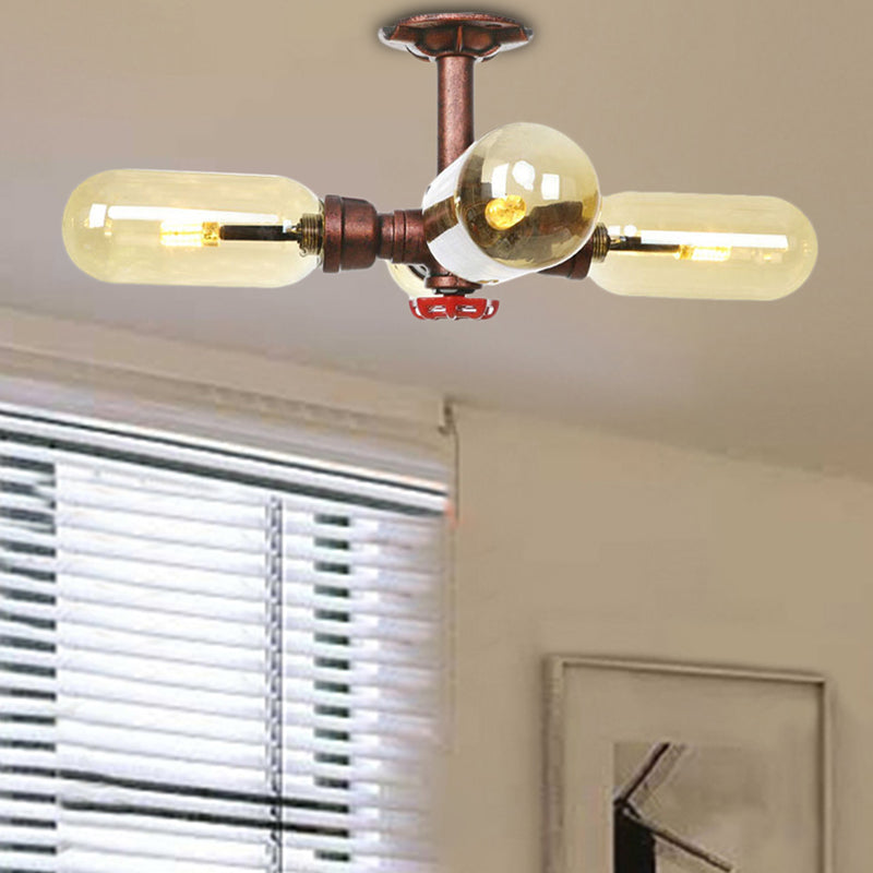 Antique Copper 4/6 Lights Ceiling Mount Rustic Style Amber Glass Sputnik Semi Flush Light Clearhalo 'Ceiling Lights' 'Close To Ceiling Lights' 'Close to ceiling' 'Semi-flushmount' Lighting' 206044