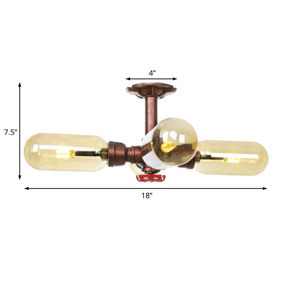 Antique Copper 4/6 Lights Ceiling Mount Rustic Style Amber Glass Sputnik Semi Flush Light Clearhalo 'Ceiling Lights' 'Close To Ceiling Lights' 'Close to ceiling' 'Semi-flushmount' Lighting' 206046