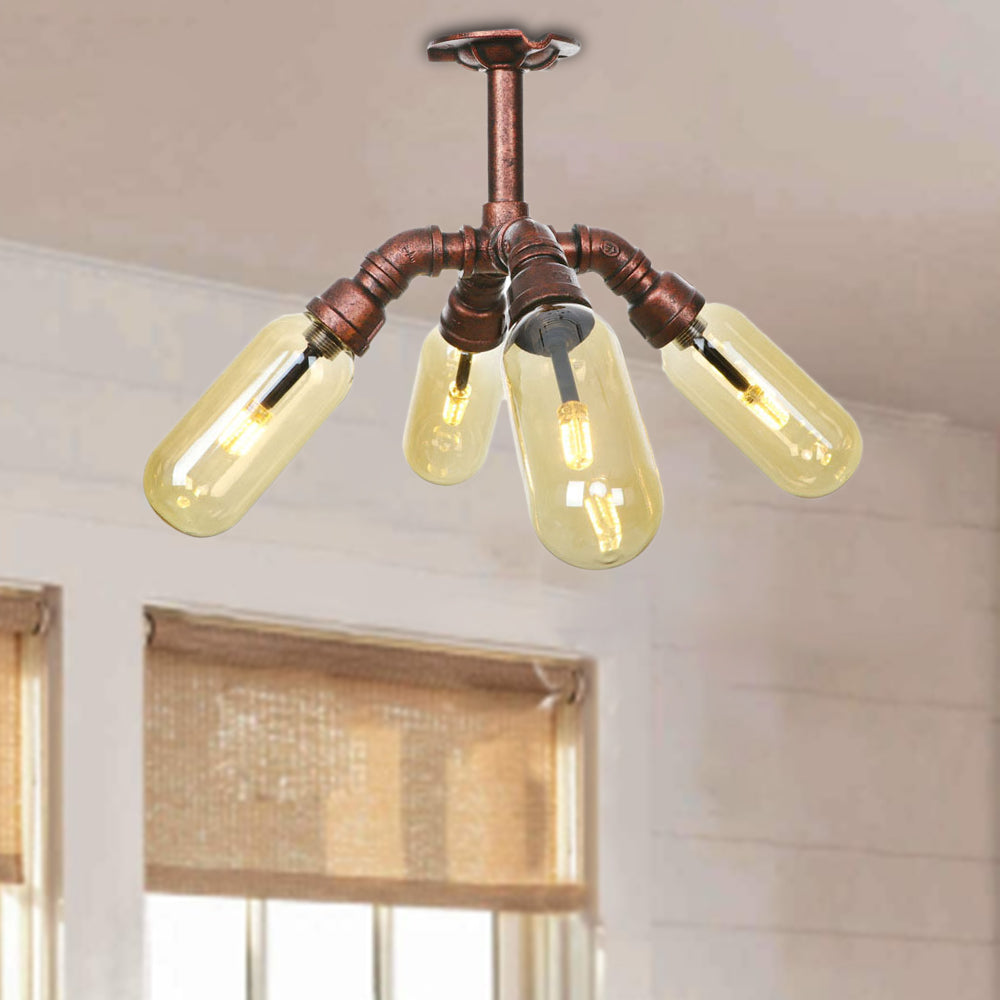 Antique Copper 4/6 Lights Ceiling Mount Rustic Style Amber Glass Sputnik Semi Flush Light Weathered Copper A Clearhalo 'Ceiling Lights' 'Close To Ceiling Lights' 'Close to ceiling' 'Semi-flushmount' Lighting' 206047
