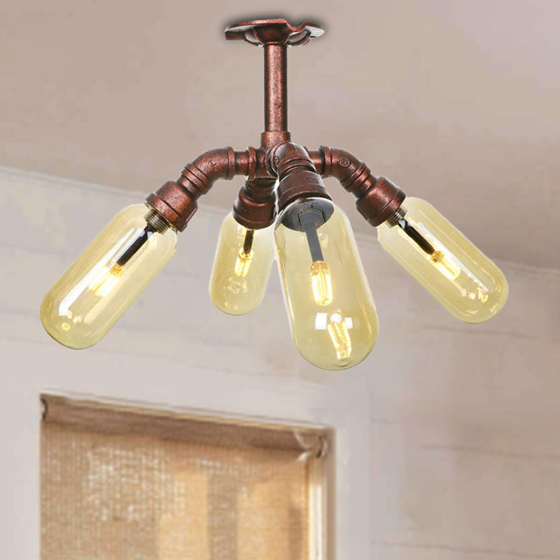 Antique Copper 4/6 Lights Ceiling Mount Rustic Style Amber Glass Sputnik Semi Flush Light Clearhalo 'Ceiling Lights' 'Close To Ceiling Lights' 'Close to ceiling' 'Semi-flushmount' Lighting' 206048