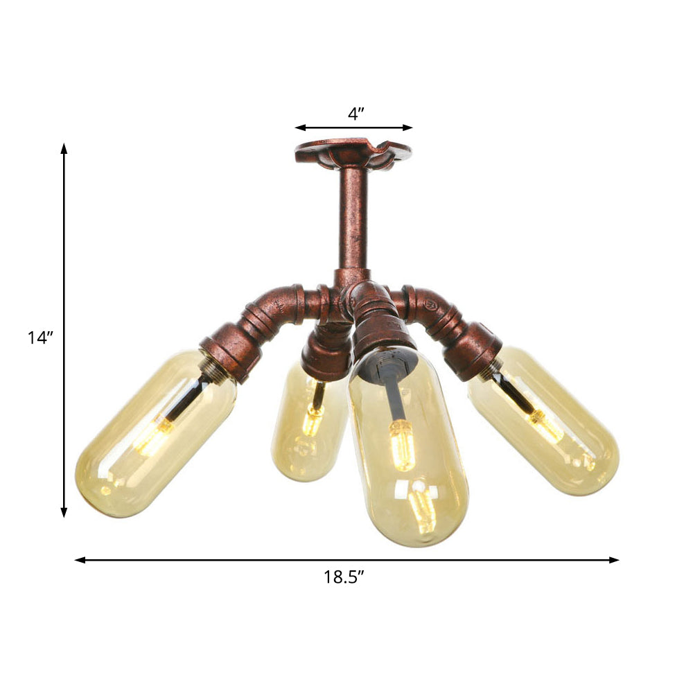 Antique Copper 4/6 Lights Ceiling Mount Rustic Style Amber Glass Sputnik Semi Flush Light Clearhalo 'Ceiling Lights' 'Close To Ceiling Lights' 'Close to ceiling' 'Semi-flushmount' Lighting' 206050