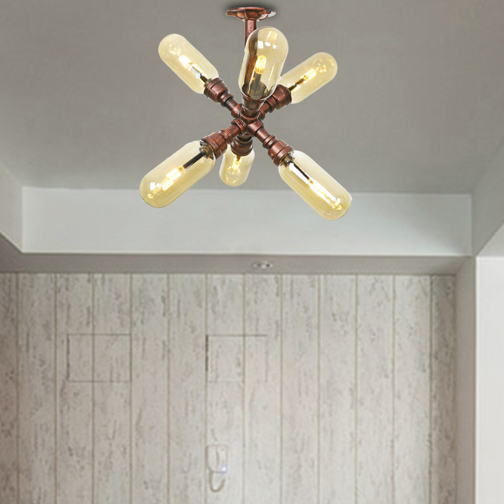 Antique Copper 4/6 Lights Ceiling Mount Rustic Style Amber Glass Sputnik Semi Flush Light Weathered Copper C Clearhalo 'Ceiling Lights' 'Close To Ceiling Lights' 'Close to ceiling' 'Semi-flushmount' Lighting' 206051