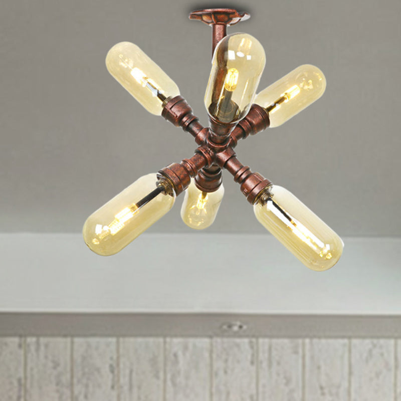 Antique Copper 4/6 Lights Ceiling Mount Rustic Style Amber Glass Sputnik Semi Flush Light Clearhalo 'Ceiling Lights' 'Close To Ceiling Lights' 'Close to ceiling' 'Semi-flushmount' Lighting' 206052