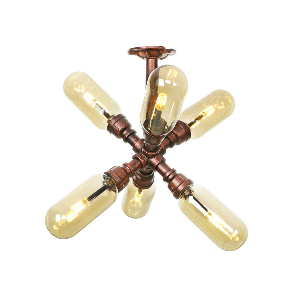 Antique Copper 4/6 Lights Ceiling Mount Rustic Style Amber Glass Sputnik Semi Flush Light Clearhalo 'Ceiling Lights' 'Close To Ceiling Lights' 'Close to ceiling' 'Semi-flushmount' Lighting' 206053