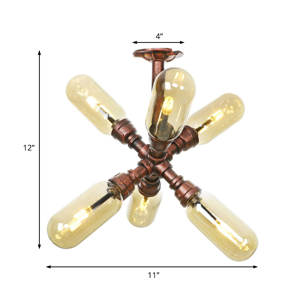 Antique Copper 4/6 Lights Ceiling Mount Rustic Style Amber Glass Sputnik Semi Flush Light Clearhalo 'Ceiling Lights' 'Close To Ceiling Lights' 'Close to ceiling' 'Semi-flushmount' Lighting' 206054