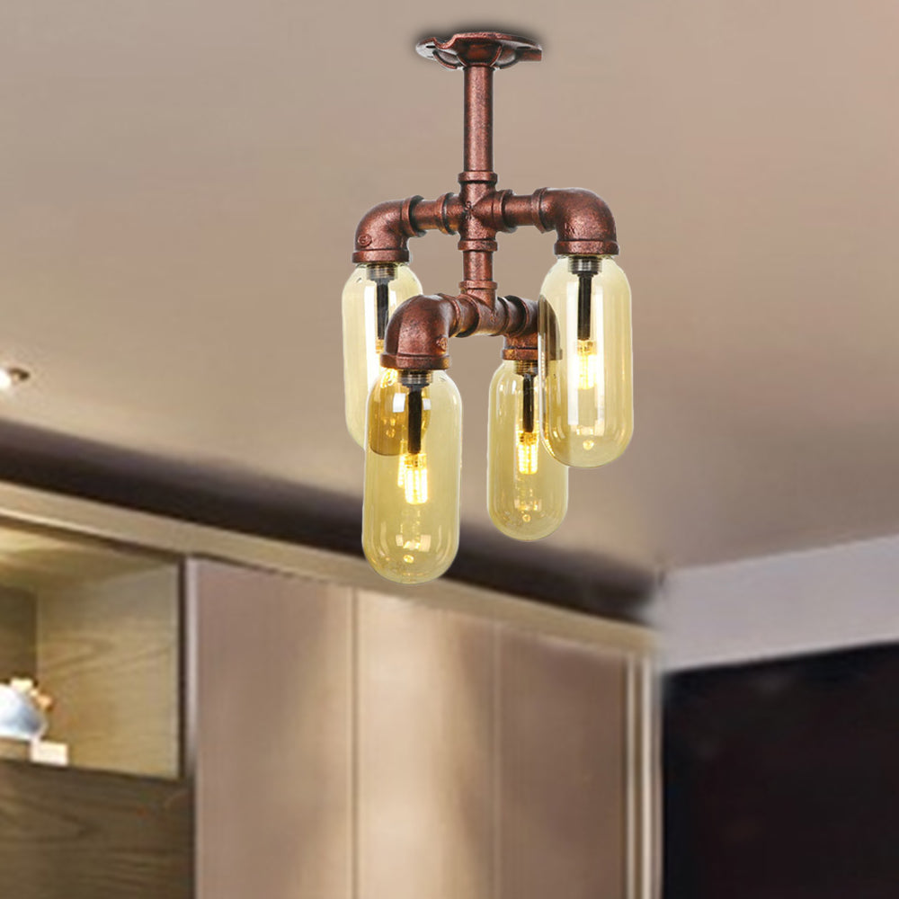 Antique Copper 4/6 Lights Ceiling Mount Rustic Style Amber Glass Sputnik Semi Flush Light Weathered Copper D Clearhalo 'Ceiling Lights' 'Close To Ceiling Lights' 'Close to ceiling' 'Semi-flushmount' Lighting' 206055