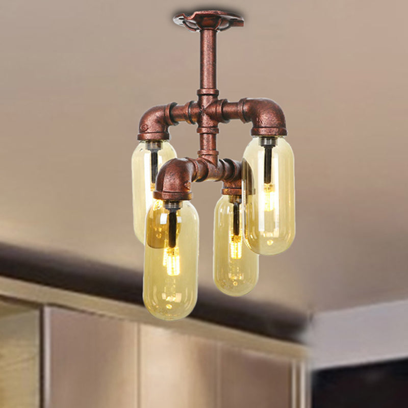Antique Copper 4/6 Lights Ceiling Mount Rustic Style Amber Glass Sputnik Semi Flush Light Clearhalo 'Ceiling Lights' 'Close To Ceiling Lights' 'Close to ceiling' 'Semi-flushmount' Lighting' 206056