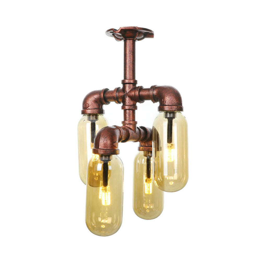 Antique Copper 4/6 Lights Ceiling Mount Rustic Style Amber Glass Sputnik Semi Flush Light Clearhalo 'Ceiling Lights' 'Close To Ceiling Lights' 'Close to ceiling' 'Semi-flushmount' Lighting' 206057