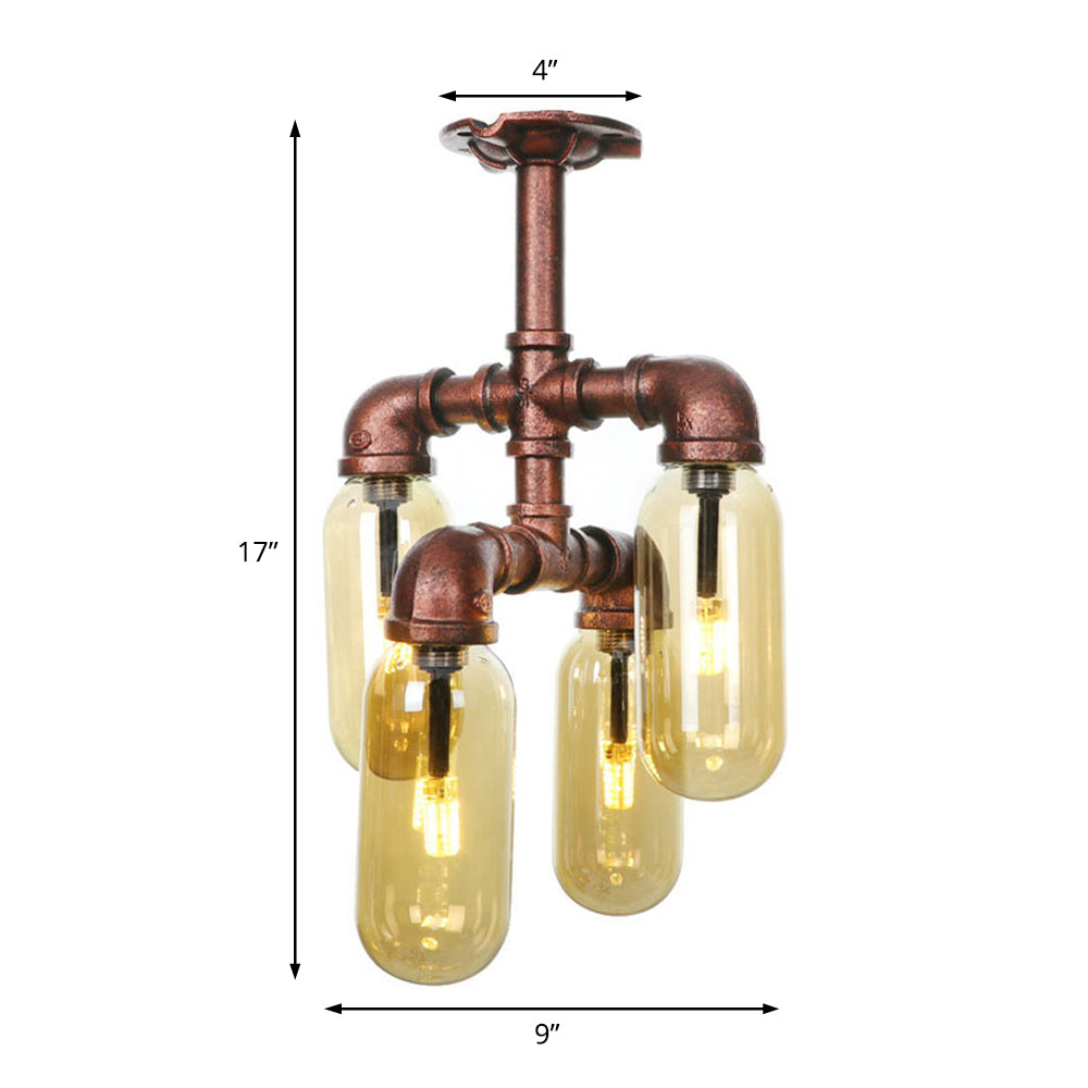 Antique Copper 4/6 Lights Ceiling Mount Rustic Style Amber Glass Sputnik Semi Flush Light Clearhalo 'Ceiling Lights' 'Close To Ceiling Lights' 'Close to ceiling' 'Semi-flushmount' Lighting' 206058