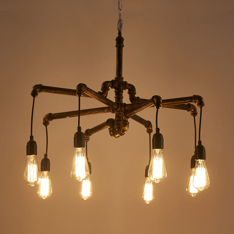 Aged Silver/Bronze Pipe Chandelier Lamp with Exposed Bulb Rustic Wrought Iron 6/8 Heads Indoor Hanging Light Clearhalo 'Cast Iron' 'Ceiling Lights' 'Chandeliers' 'Industrial Chandeliers' 'Industrial' 'Metal' 'Middle Century Chandeliers' 'Rustic Chandeliers' 'Tiffany' Lighting' 20611
