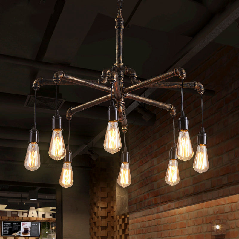 Aged Silver/Bronze Pipe Chandelier Lamp with Exposed Bulb Rustic Wrought Iron 6/8 Heads Indoor Hanging Light 8 Bronze Clearhalo 'Cast Iron' 'Ceiling Lights' 'Chandeliers' 'Industrial Chandeliers' 'Industrial' 'Metal' 'Middle Century Chandeliers' 'Rustic Chandeliers' 'Tiffany' Lighting' 20612