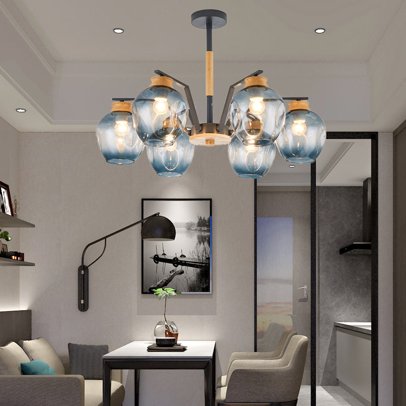 Modernism Starburst Chandelier Pendant Light Dimpled Blown Glass 6/8/10 Lights Hanging Ceiling Light in Grey/Green 6 Grey Clearhalo 'Ceiling Lights' 'Chandeliers' 'Glass shade' 'Glass' 'Modern Chandeliers' 'Modern' Lighting' 206148