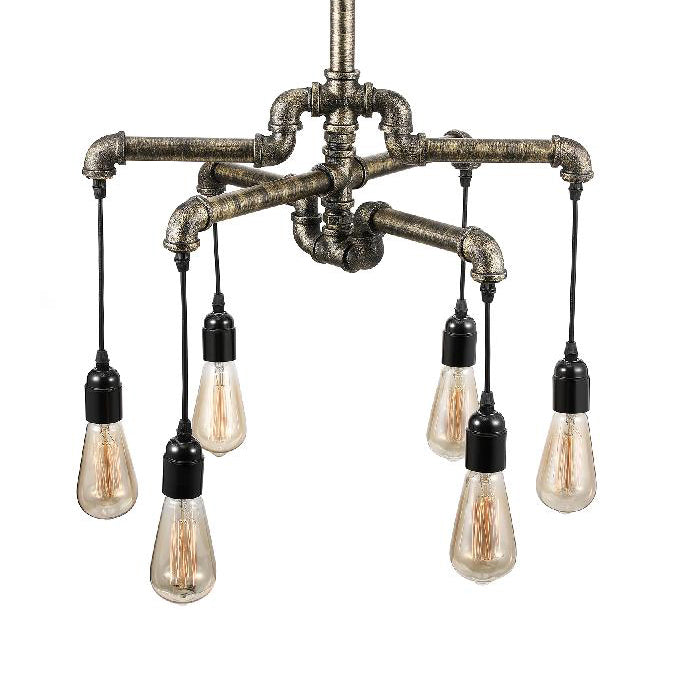 Aged Silver/Bronze Pipe Chandelier Lamp with Exposed Bulb Rustic Wrought Iron 6/8 Heads Indoor Hanging Light 6 Bronze Clearhalo 'Cast Iron' 'Ceiling Lights' 'Chandeliers' 'Industrial Chandeliers' 'Industrial' 'Metal' 'Middle Century Chandeliers' 'Rustic Chandeliers' 'Tiffany' Lighting' 20615