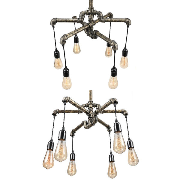 Aged Silver/Bronze Pipe Chandelier Lamp with Exposed Bulb Rustic Wrought Iron 6/8 Heads Indoor Hanging Light Clearhalo 'Cast Iron' 'Ceiling Lights' 'Chandeliers' 'Industrial Chandeliers' 'Industrial' 'Metal' 'Middle Century Chandeliers' 'Rustic Chandeliers' 'Tiffany' Lighting' 20616
