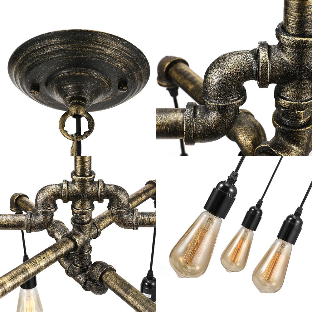 Aged Silver/Bronze Pipe Chandelier Lamp with Exposed Bulb Rustic Wrought Iron 6/8 Heads Indoor Hanging Light Clearhalo 'Cast Iron' 'Ceiling Lights' 'Chandeliers' 'Industrial Chandeliers' 'Industrial' 'Metal' 'Middle Century Chandeliers' 'Rustic Chandeliers' 'Tiffany' Lighting' 20617