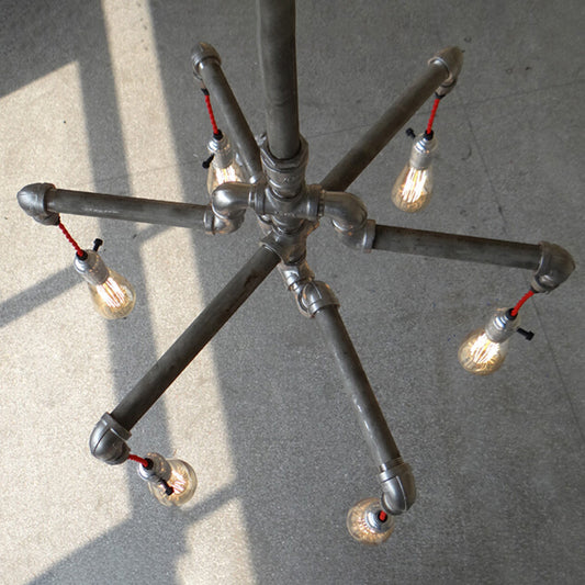 Aged Silver/Bronze Pipe Chandelier Lamp with Exposed Bulb Rustic Wrought Iron 6/8 Heads Indoor Hanging Light Clearhalo 'Cast Iron' 'Ceiling Lights' 'Chandeliers' 'Industrial Chandeliers' 'Industrial' 'Metal' 'Middle Century Chandeliers' 'Rustic Chandeliers' 'Tiffany' Lighting' 20619
