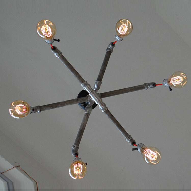 Aged Silver/Bronze Pipe Chandelier Lamp with Exposed Bulb Rustic Wrought Iron 6/8 Heads Indoor Hanging Light Clearhalo 'Cast Iron' 'Ceiling Lights' 'Chandeliers' 'Industrial Chandeliers' 'Industrial' 'Metal' 'Middle Century Chandeliers' 'Rustic Chandeliers' 'Tiffany' Lighting' 20620
