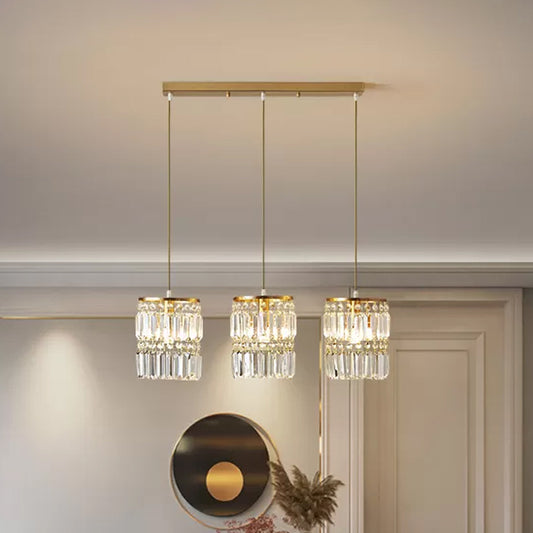 Crystal Prism Cylindrical Multi Pendant Modern 3 Heads Brass Ceiling Light with Round/Linear Canopy Brass Linear Clearhalo 'Ceiling Lights' 'Modern Pendants' 'Modern' 'Pendant Lights' 'Pendants' Lighting' 2062045