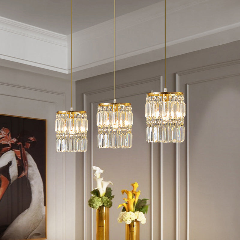 Crystal Prism Cylindrical Multi Pendant Modern 3 Heads Brass Ceiling Light with Round/Linear Canopy Clearhalo 'Ceiling Lights' 'Modern Pendants' 'Modern' 'Pendant Lights' 'Pendants' Lighting' 2062046