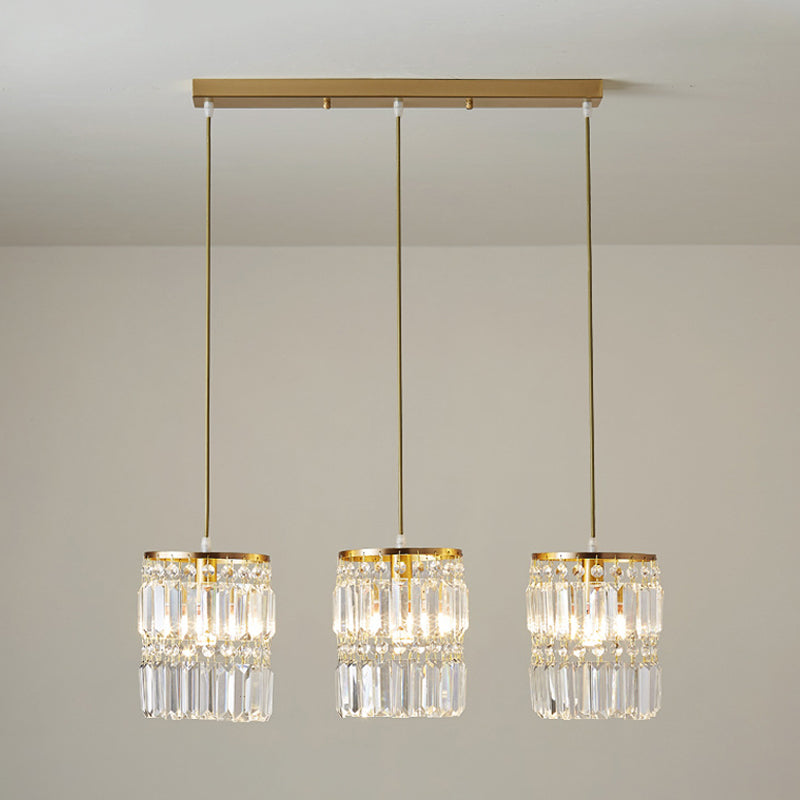 Crystal Prism Cylindrical Multi Pendant Modern 3 Heads Brass Ceiling Light with Round/Linear Canopy Clearhalo 'Ceiling Lights' 'Modern Pendants' 'Modern' 'Pendant Lights' 'Pendants' Lighting' 2062047