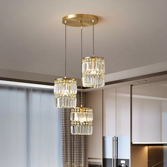 Crystal Prism Cylindrical Multi Pendant Modern 3 Heads Brass Ceiling Light with Round/Linear Canopy Brass Round Clearhalo 'Ceiling Lights' 'Modern Pendants' 'Modern' 'Pendant Lights' 'Pendants' Lighting' 2062050