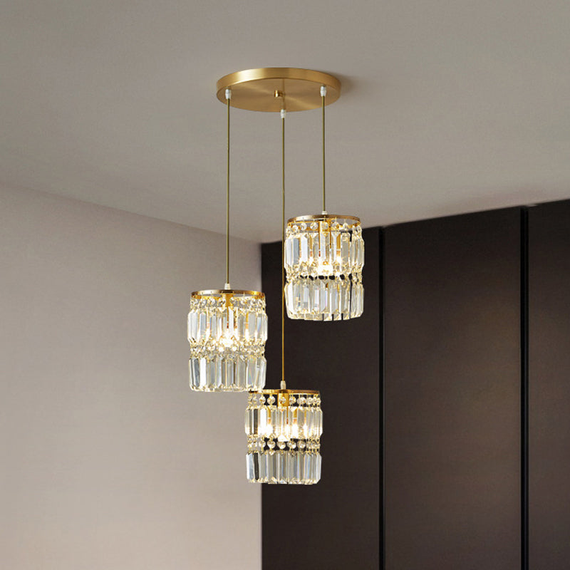 Crystal Prism Cylindrical Multi Pendant Modern 3 Heads Brass Ceiling Light with Round/Linear Canopy Clearhalo 'Ceiling Lights' 'Modern Pendants' 'Modern' 'Pendant Lights' 'Pendants' Lighting' 2062051