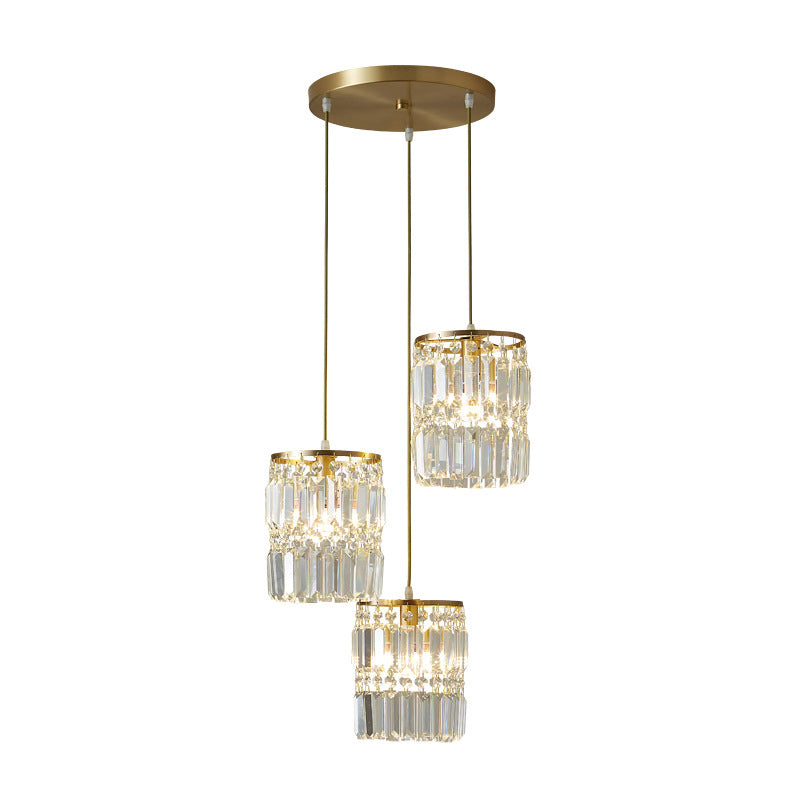 Crystal Prism Cylindrical Multi Pendant Modern 3 Heads Brass Ceiling Light with Round/Linear Canopy Clearhalo 'Ceiling Lights' 'Modern Pendants' 'Modern' 'Pendant Lights' 'Pendants' Lighting' 2062053