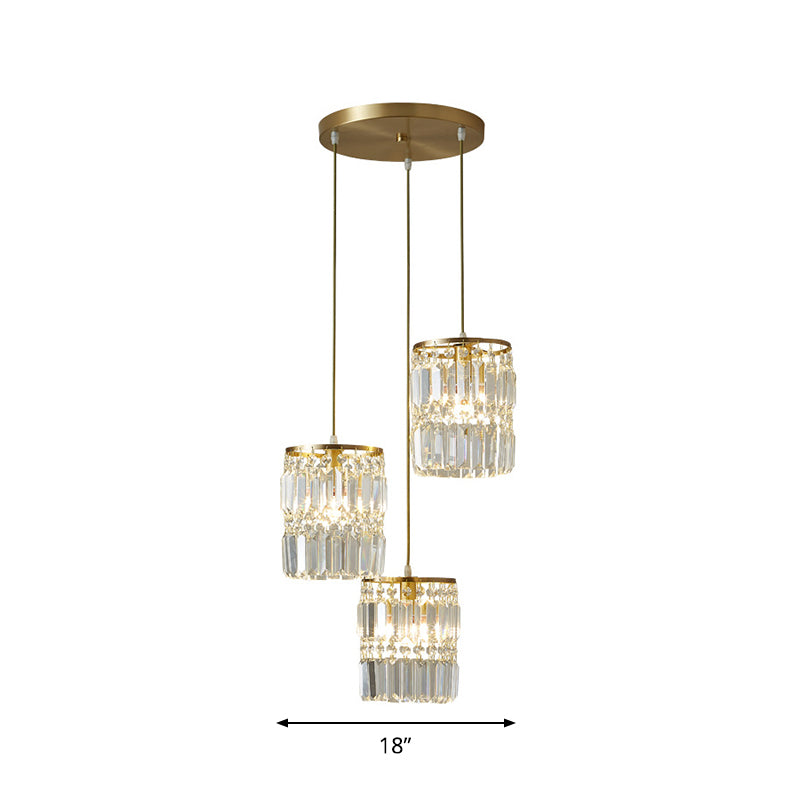 Crystal Prism Cylindrical Multi Pendant Modern 3 Heads Brass Ceiling Light with Round/Linear Canopy Clearhalo 'Ceiling Lights' 'Modern Pendants' 'Modern' 'Pendant Lights' 'Pendants' Lighting' 2062054