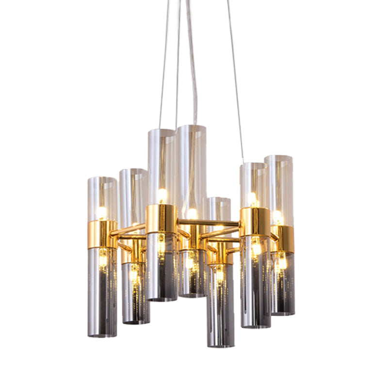 Gold Pipe Chandelier Light Fixture Modernism Smoke Glass 14/24/26 Lights Pendant Light Fixture for Bedroom Clearhalo 'Ceiling Lights' 'Chandeliers' 'Modern Chandeliers' 'Modern' Lighting' 206221