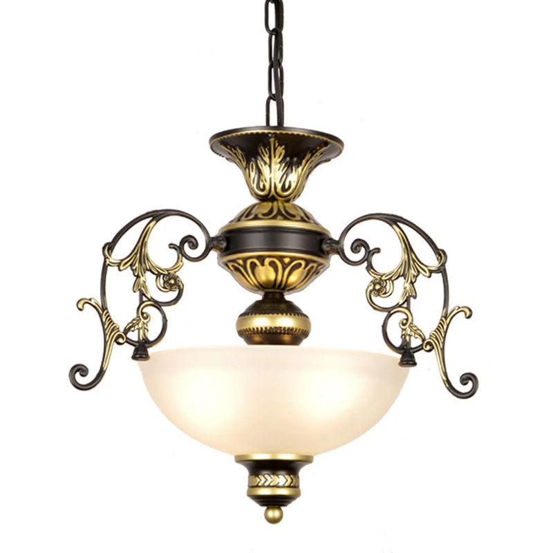 3 Bulbs Bowl Chandelier Light Traditional White/Black Frosted Glass Hanging Ceiling Fixture for Corridor Clearhalo 'Ceiling Lights' 'Chandeliers' Lighting' options 206255