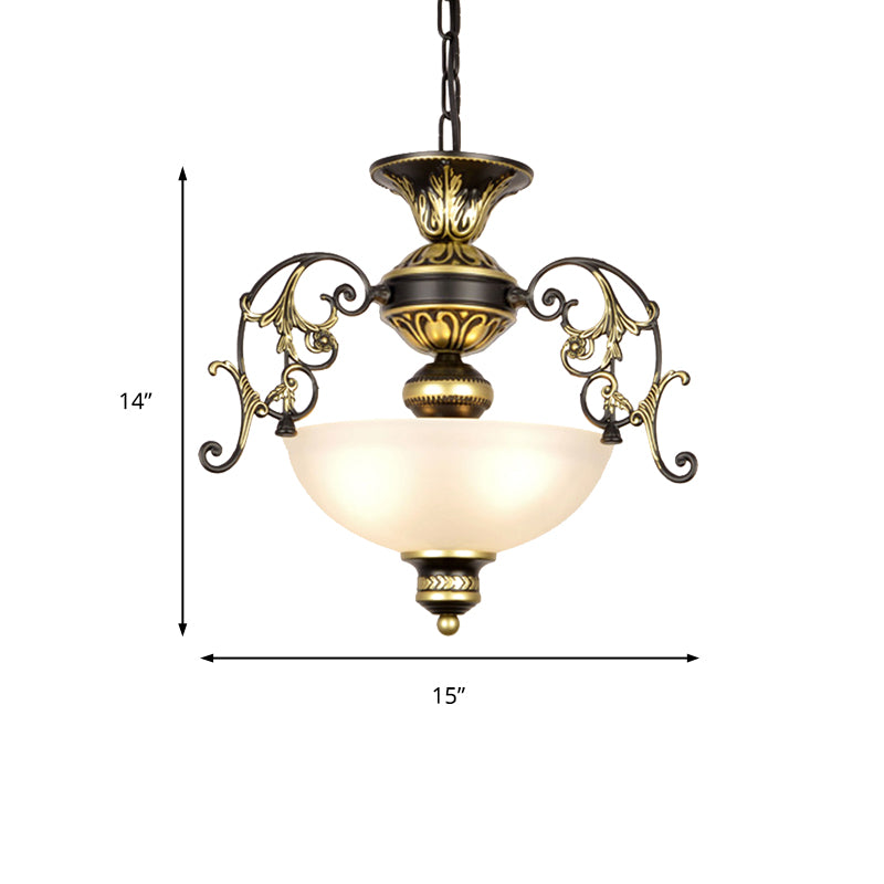 3 Bulbs Bowl Chandelier Light Traditional White/Black Frosted Glass Hanging Ceiling Fixture for Corridor Clearhalo 'Ceiling Lights' 'Chandeliers' Lighting' options 206256