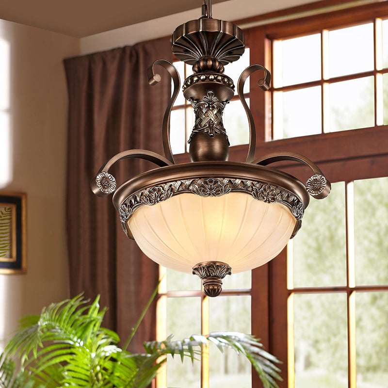Rust Bowl Pendant Lighting Traditional Frosted Textured Glass 3 Light Bedroom Chandelier Clearhalo 'Ceiling Lights' 'Chandeliers' Lighting' options 206279