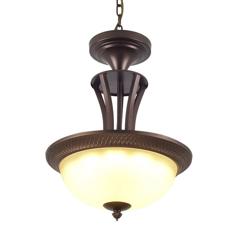 3 Light Chandelier Light with Bowl White Glass Shade Traditional Living Room Ceiling Lamp in Bronze Clearhalo 'Ceiling Lights' 'Chandeliers' Lighting' options 206296