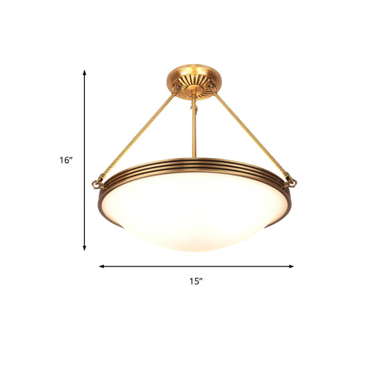 4-Light Opal Glass Hanging Chandelier Traditional Brass Bowl Living Room Pendant Light Fixture, 15"/19" Wide Clearhalo 'Ceiling Lights' 'Chandeliers' 'Glass shade' 'Glass' Lighting' 206303