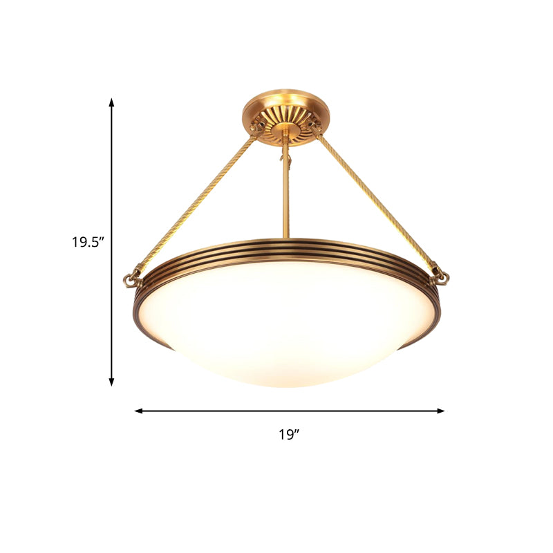 4-Light Opal Glass Hanging Chandelier Traditional Brass Bowl Living Room Pendant Light Fixture, 15"/19" Wide Clearhalo 'Ceiling Lights' 'Chandeliers' 'Glass shade' 'Glass' Lighting' 206304