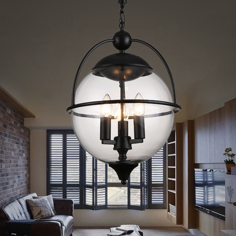 Globe Clear Glass Chandelier Light Traditional 3 Light Living Room Pendant Lighting in Black Clearhalo 'Ceiling Lights' 'Chandeliers' Lighting' options 206326