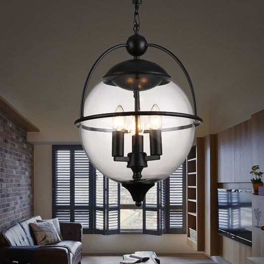 Globe Clear Glass Chandelier Light Traditional 3 Light Living Room Pendant Lighting in Black Clearhalo 'Ceiling Lights' 'Chandeliers' Lighting' options 206326