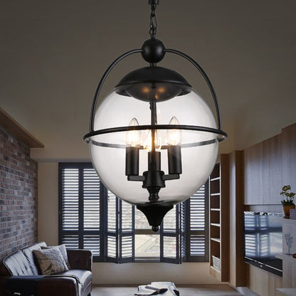 Globe Clear Glass Chandelier Light Traditional 3 Light Living Room Pendant Lighting in Black Black Clearhalo 'Ceiling Lights' 'Chandeliers' Lighting' options 206326_5a9c66ef-5ec0-4595-abb3-f841d6488420