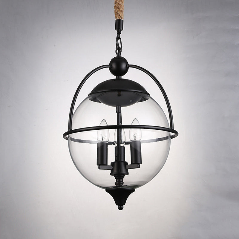 Globe Clear Glass Chandelier Light Traditional 3 Light Living Room Pendant Lighting in Black Clearhalo 'Ceiling Lights' 'Chandeliers' Lighting' options 206327