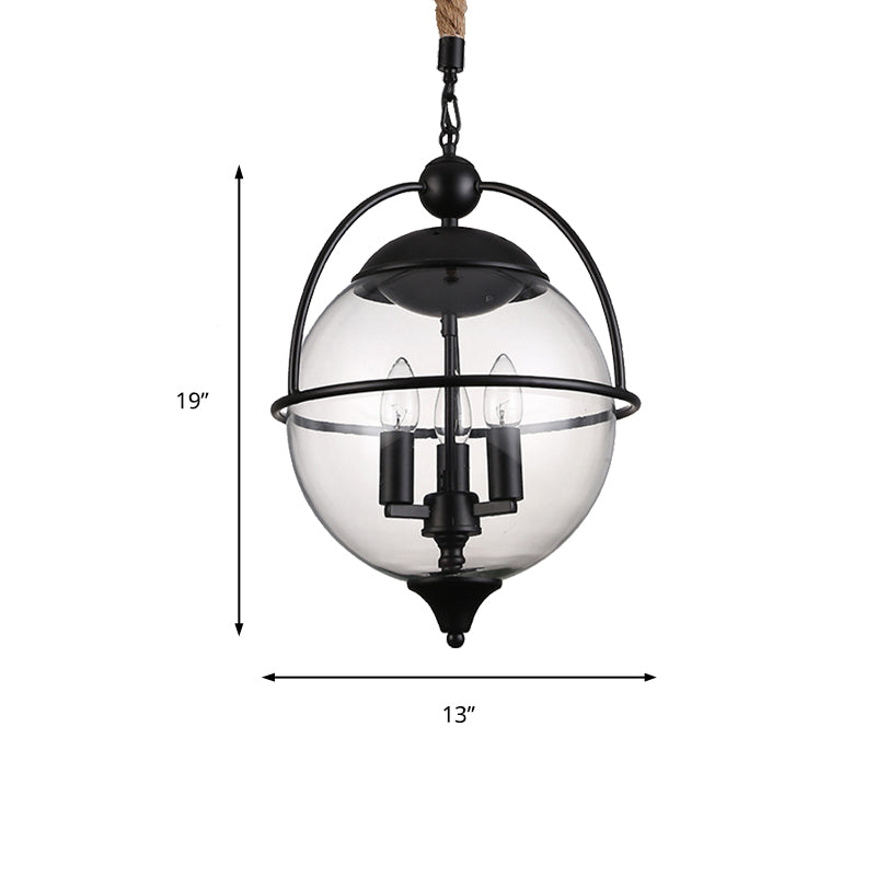 Globe Clear Glass Chandelier Light Traditional 3 Light Living Room Pendant Lighting in Black Clearhalo 'Ceiling Lights' 'Chandeliers' Lighting' options 206329