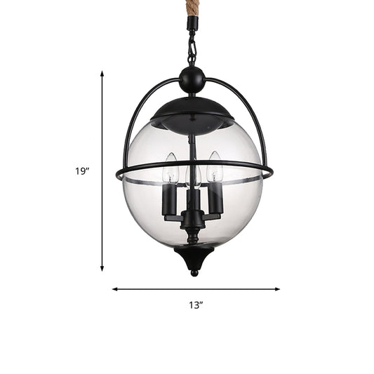Globe Clear Glass Chandelier Light Traditional 3 Light Living Room Pendant Lighting in Black Clearhalo 'Ceiling Lights' 'Chandeliers' Lighting' options 206329