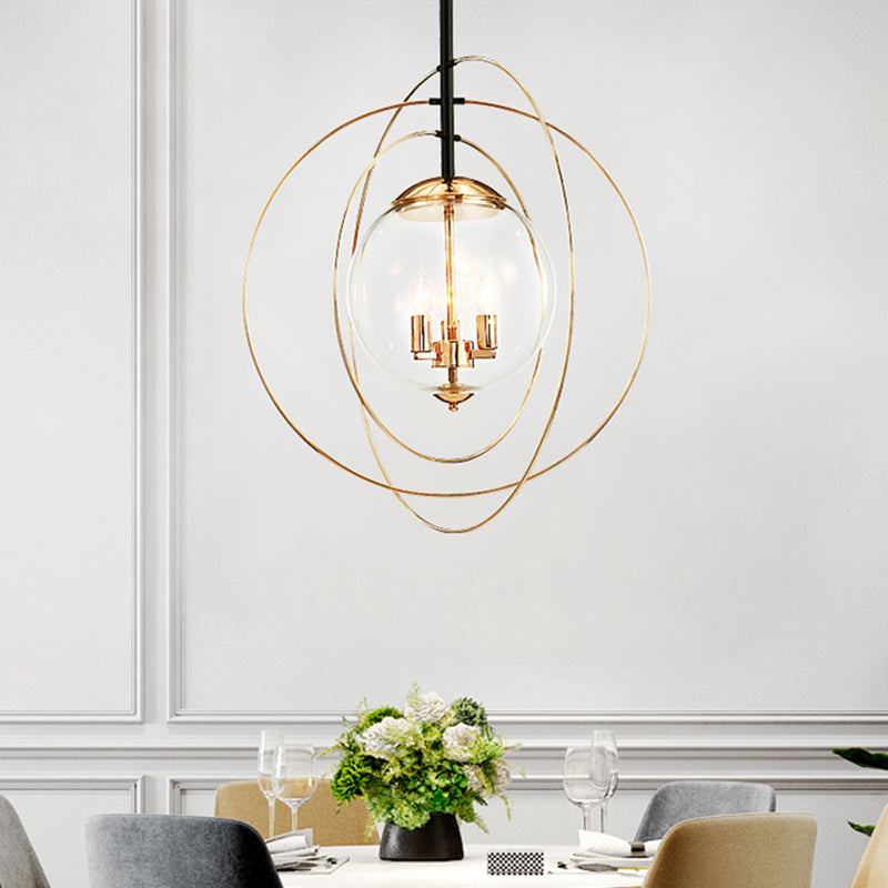 Globe Clear Glass Chandelier Lighting Traditional 3 Light Dining Room Pendant Lighting in White with Ring Design Clearhalo 'Ceiling Lights' 'Chandeliers' 'Glass shade' 'Glass' Lighting' 206334