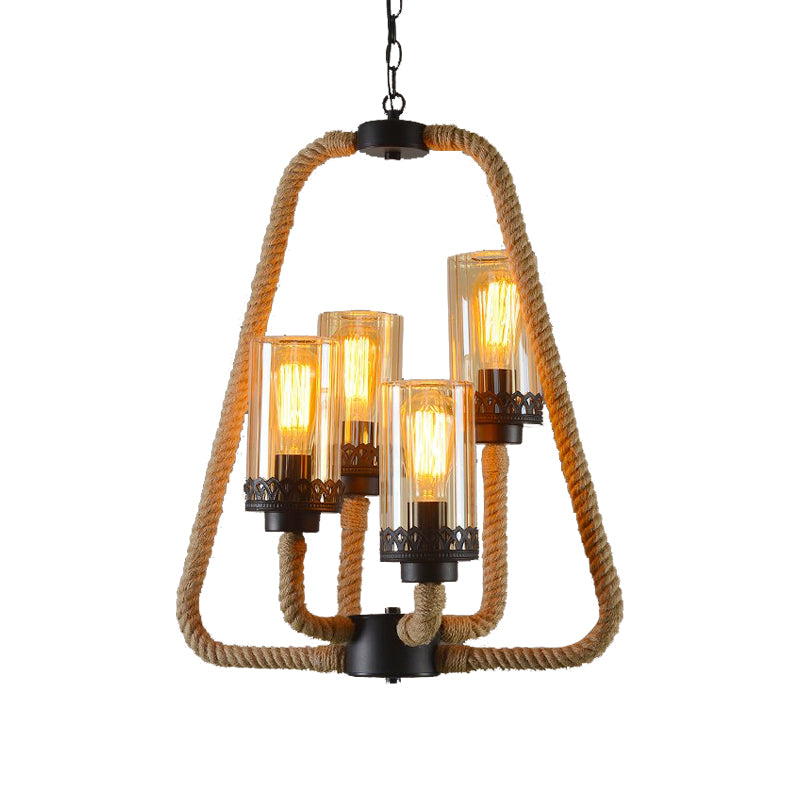 Beige 4 Lights Pendant Chandelier Traditional Rope and Glass Cylinder Hanging Light Clearhalo 'Ceiling Lights' 'Chandeliers' 'Glass shade' 'Glass' Lighting' 206351