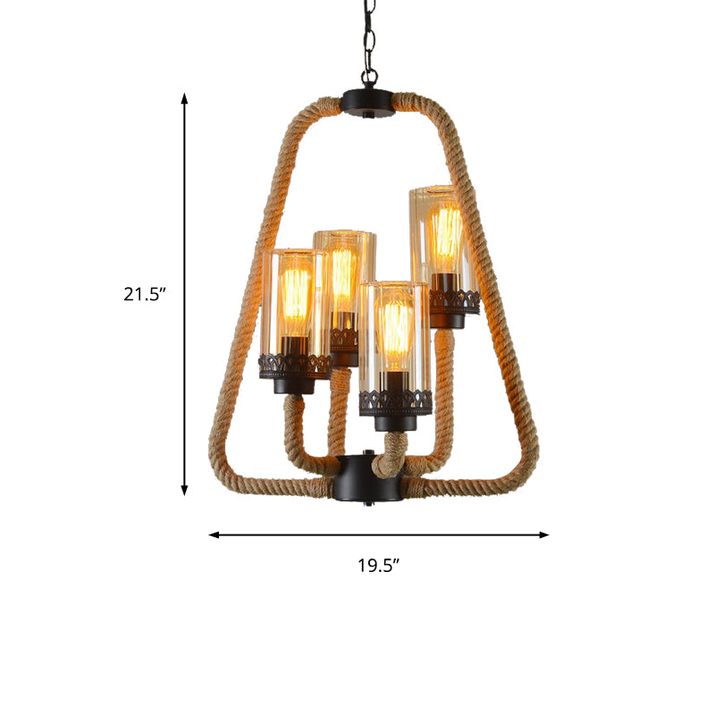 Beige 4 Lights Pendant Chandelier Traditional Rope and Glass Cylinder Hanging Light Clearhalo 'Ceiling Lights' 'Chandeliers' 'Glass shade' 'Glass' Lighting' 206352
