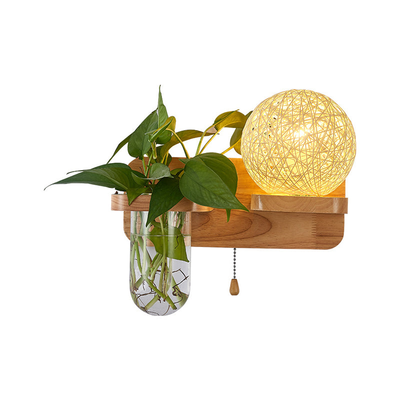 Sphere Shaped Bedside Sconce Lighting Rattan 1-Light Modern Wall Light Fixture with Pull Chain in Wood Clearhalo 'Industrial wall lights' 'Industrial' 'Middle century wall lights' 'Tiffany' 'Wall Lamps & Sconces' 'Wall Lights' Lighting' 2063528