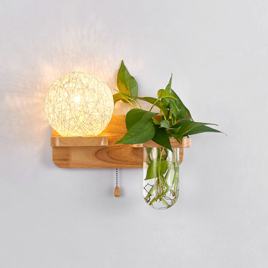 Sphere Shaped Bedside Sconce Lighting Rattan 1-Light Modern Wall Light Fixture with Pull Chain in Wood White Left Clearhalo 'Industrial wall lights' 'Industrial' 'Middle century wall lights' 'Tiffany' 'Wall Lamps & Sconces' 'Wall Lights' Lighting' 2063529