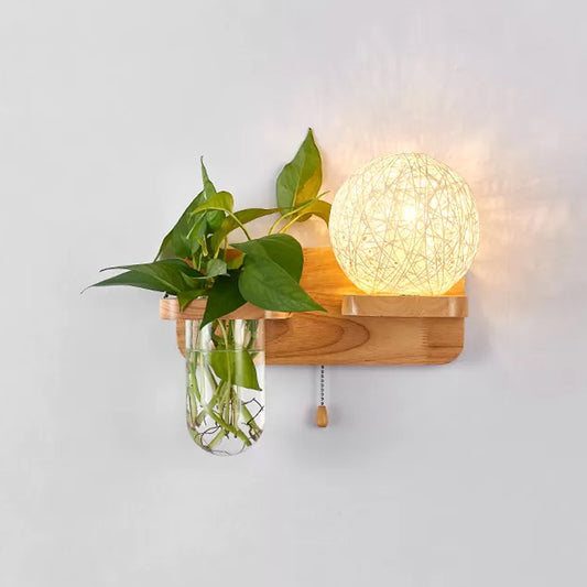 Sphere Shaped Bedside Sconce Lighting Rattan 1-Light Modern Wall Light Fixture with Pull Chain in Wood White Right Clearhalo 'Industrial wall lights' 'Industrial' 'Middle century wall lights' 'Tiffany' 'Wall Lamps & Sconces' 'Wall Lights' Lighting' 2063530