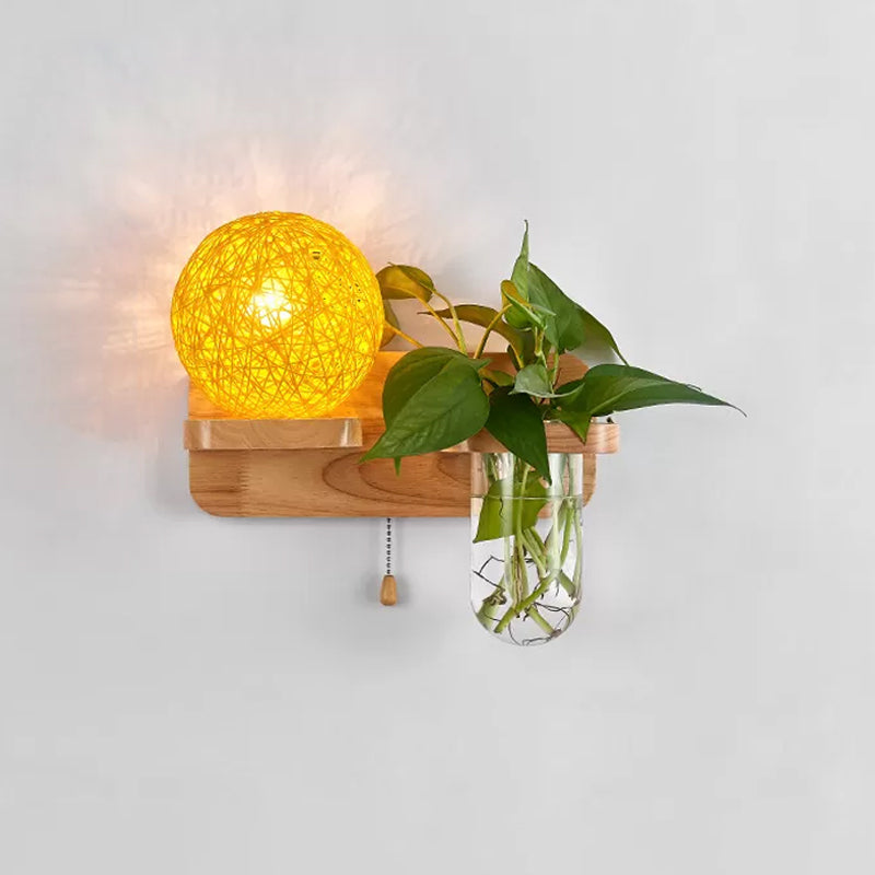Sphere Shaped Bedside Sconce Lighting Rattan 1-Light Modern Wall Light Fixture with Pull Chain in Wood Yellow Left Clearhalo 'Industrial wall lights' 'Industrial' 'Middle century wall lights' 'Tiffany' 'Wall Lamps & Sconces' 'Wall Lights' Lighting' 2063531