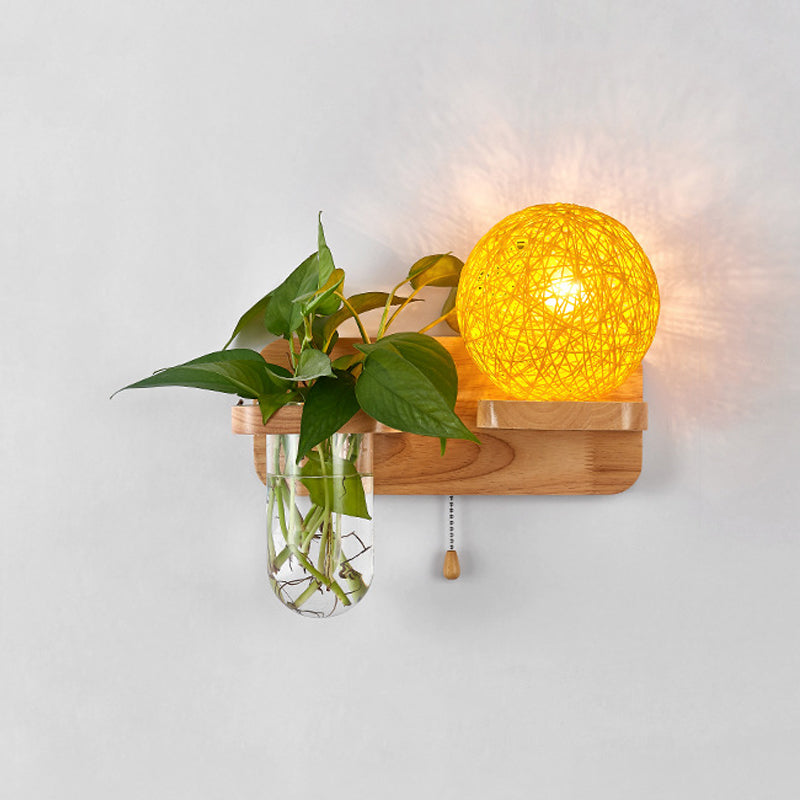 Sphere Shaped Bedside Sconce Lighting Rattan 1-Light Modern Wall Light Fixture with Pull Chain in Wood Yellow Right Clearhalo 'Industrial wall lights' 'Industrial' 'Middle century wall lights' 'Tiffany' 'Wall Lamps & Sconces' 'Wall Lights' Lighting' 2063532