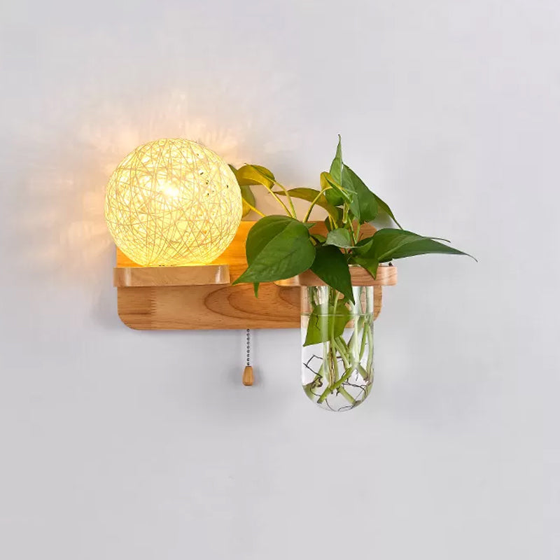 Sphere Shaped Bedside Sconce Lighting Rattan 1-Light Modern Wall Light Fixture with Pull Chain in Wood Beige Left Clearhalo 'Industrial wall lights' 'Industrial' 'Middle century wall lights' 'Tiffany' 'Wall Lamps & Sconces' 'Wall Lights' Lighting' 2063533